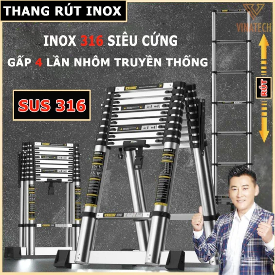 Thang Rút Nhôm Inox Chữ I Chữ A Nhập Khẩu Thang Rút Đơn Rút Đôi 1.9m - 5.9m Thang Rút Gọn Inox Cao Cấp Có Bánh Xe MKS068