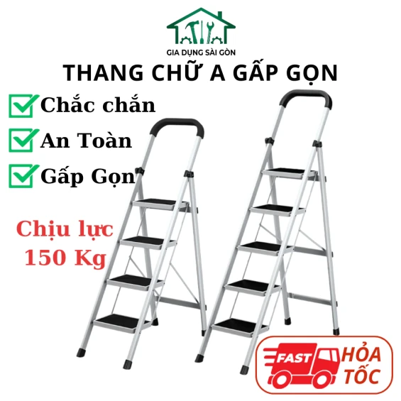 Thang Ghế Nhôm Gấp Gọn Chữ A Bản To Cao 1,45M -1,66M - Thang Xếp Chữ A Gia Đình Đa Năng Có Tay Vịn Chắc Chắn